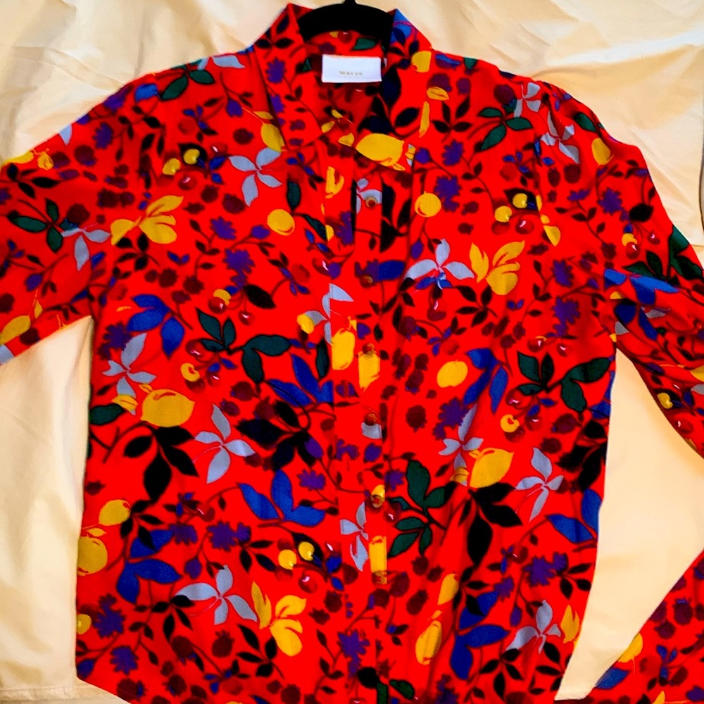Maeve by Anthropologie Red Cherries and Pears Long Sleeve Blouse